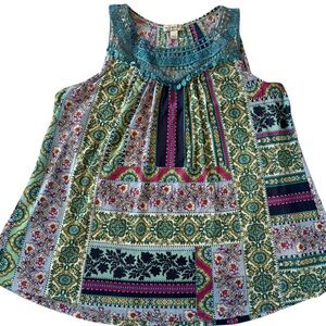 One World Boho Patchwork Sleeveless Tunic Crochet Neckline Lined